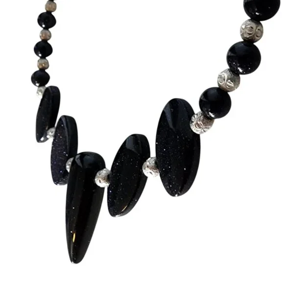 NWT Dark Blue Goldstone & Sterling Silver Necklace - Picture 1 of 7